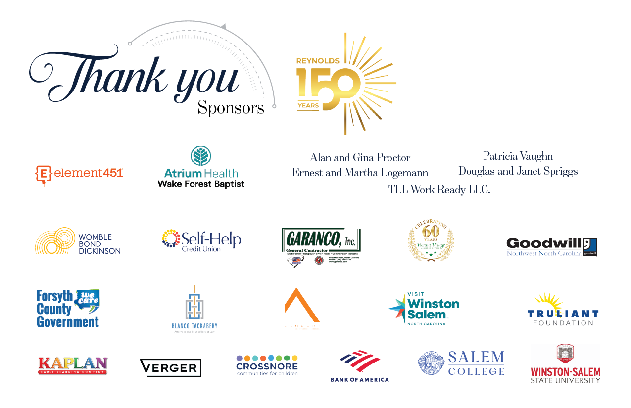 Graphic with the words 'Thank you Sponsors' at the top, followed by logos and names of sponsors. Logos include Element451, Atrium Health Wake Forest Baptist, Womble Bond Dickinson, Self-Help Credit Union, Forsyth County Government, Blanco Tackabery, Lambert Architecture + Interiors, Visit Winston-Salem, Truliant Foundation, Kaplan Early Learning Company, Verger Capital Management, Crossnore Communities for Children, Bank of America, Salem College, Winston-Salem State University, Garanco Inc., and Goodwill of Northwest North Carolina. Additional sponsors listed as Alan and Gina Proctor, Ernest and Martha Logemann, Patricia Vaughn, Douglas and Janet Spriggs, TLL Work Ready LLC, and a 60 Years Veterans Village emblem